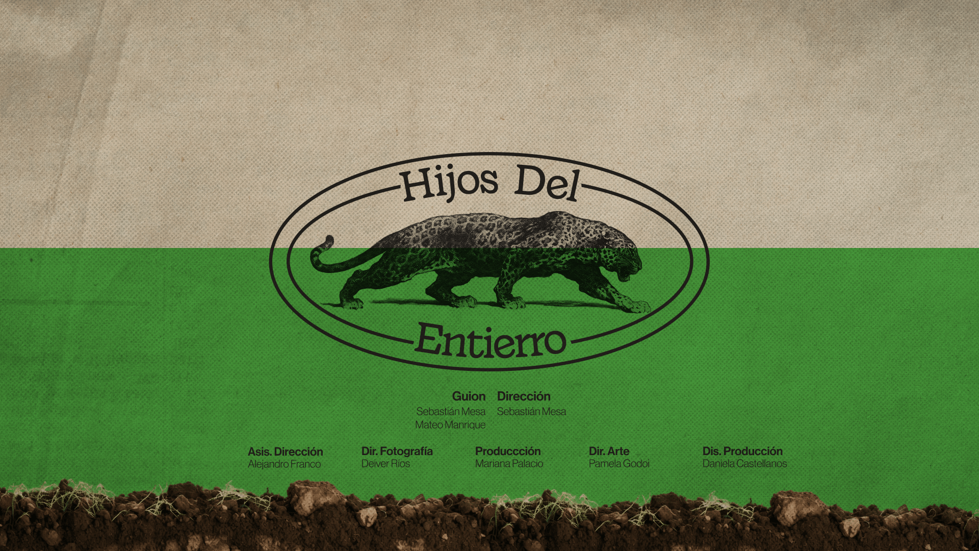 Poster design for the short film Hijos del Entierro, featuring a black jaguar illustration inside an oval frame with film credits.
