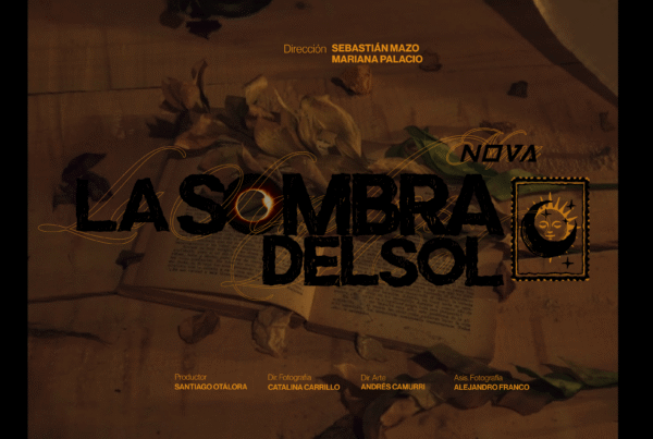 Title card of La Sombra del Sol with the film’s logo over a textured background and production credits.