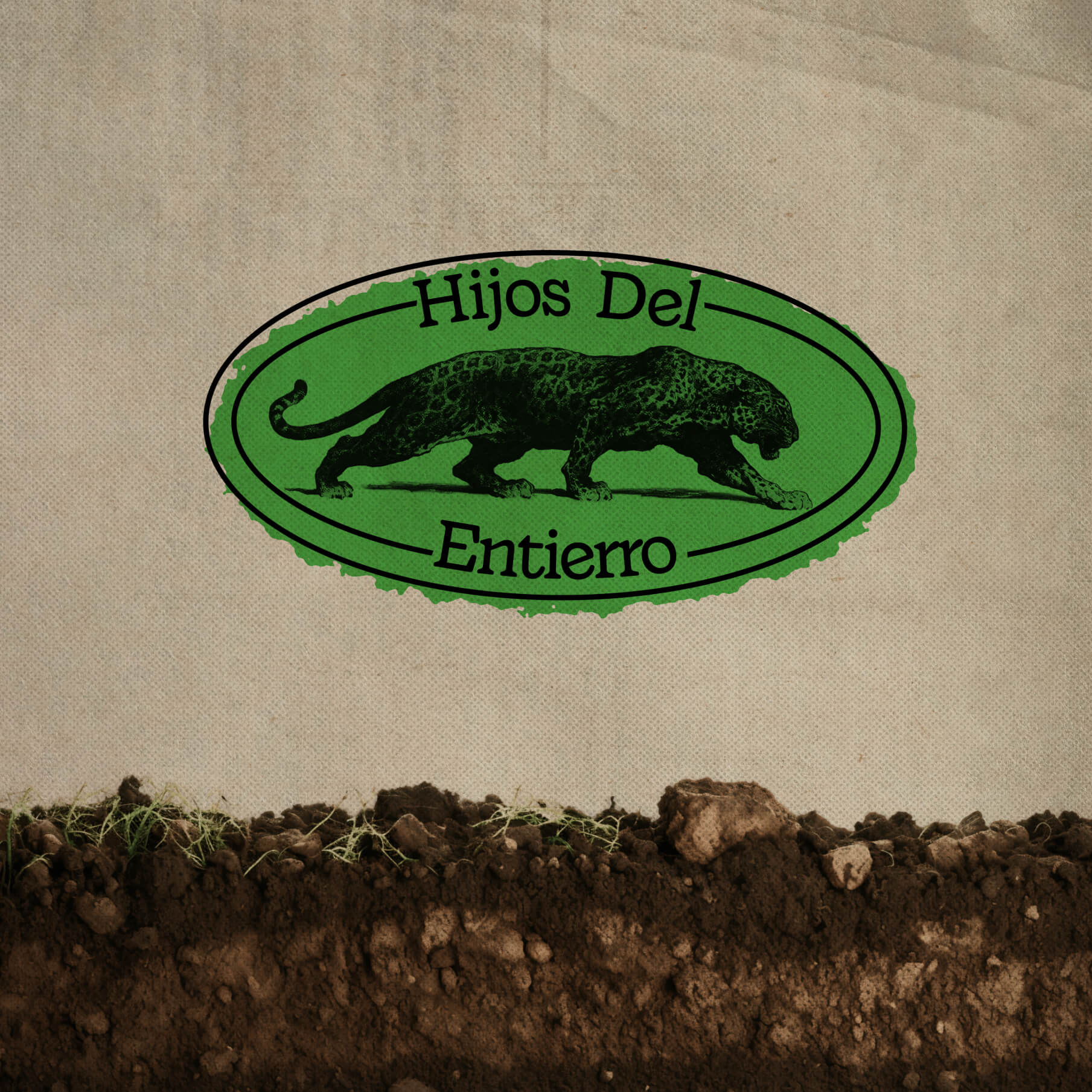 Logo of Hijos del Entierro with a black jaguar inside a green oval, placed above earthy soil texture.