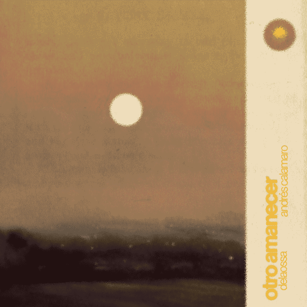 Album cover for 'Otro Amanecer' by Delaossa and Andrés Calamaro, featuring a minimalist sun over a hazy golden sky with muted textures.