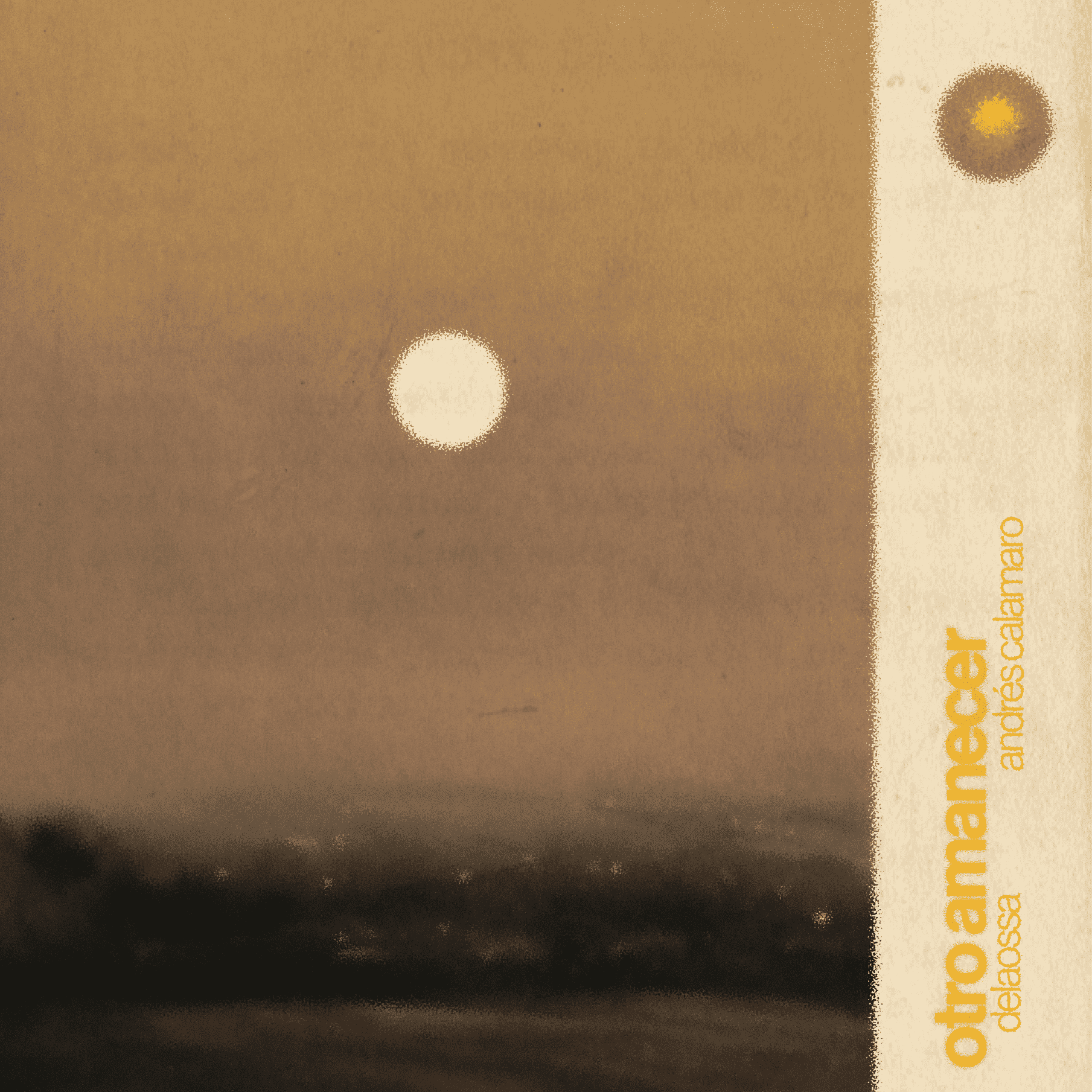 Album cover for 'Otro Amanecer' by Delaossa and Andrés Calamaro, featuring a minimalist sun over a hazy golden sky with muted textures.