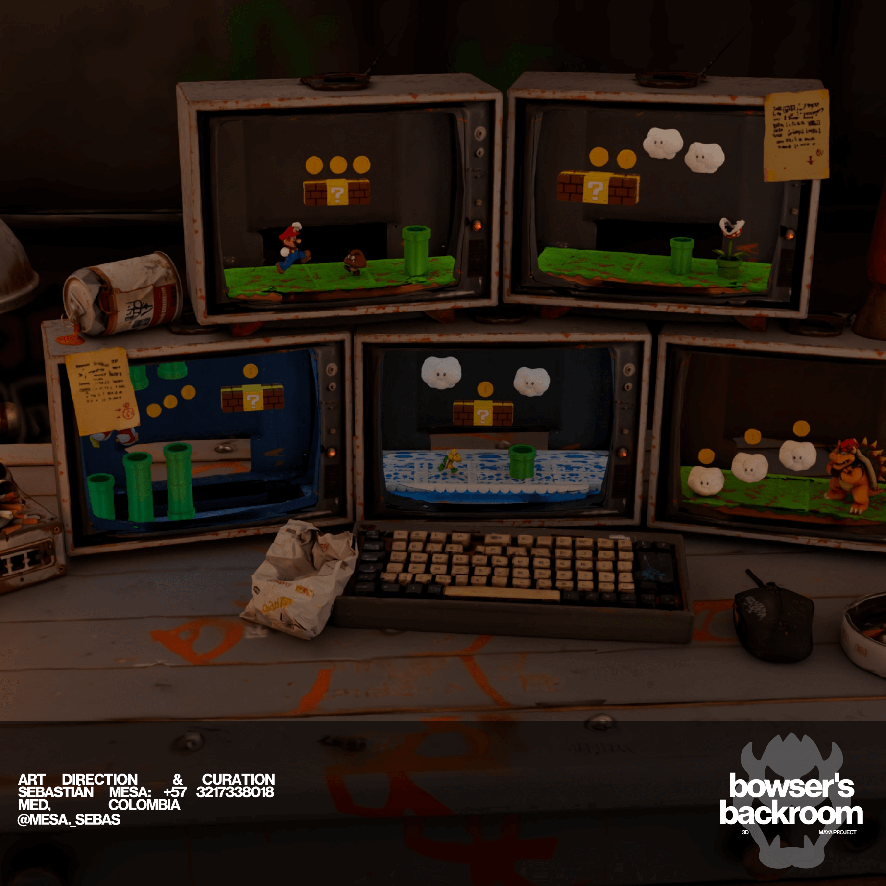 3D diorama titled Bowser’s Backroom showing retro monitors with Mario game scenes, set in a dark, grunge desk environment.