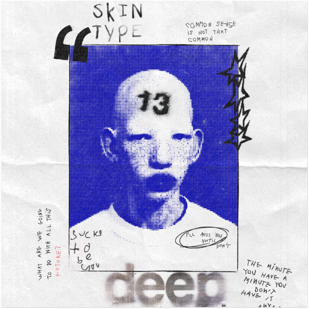 Experimental editorial collage with pixelated blue portrait, handwritten typography, and fragmented phrases.