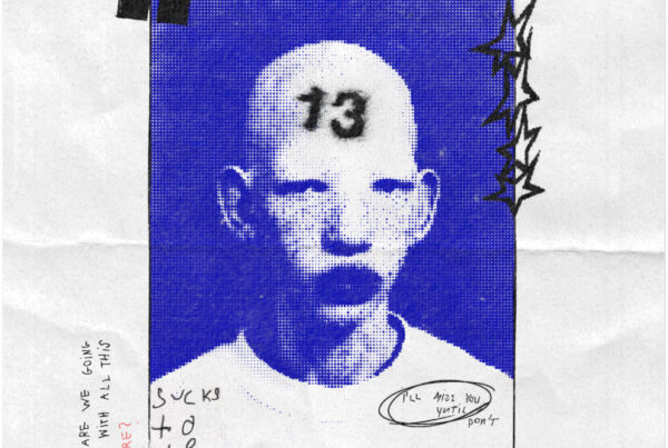 Experimental editorial collage with pixelated blue portrait, handwritten typography, and fragmented phrases.