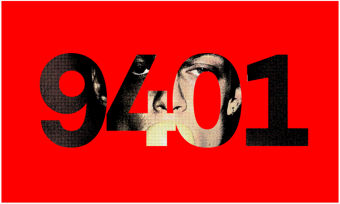 Poster design with the number 9401 in bold typography, overlaying a human face in halftone texture on a red background.