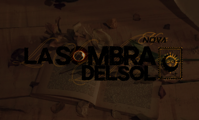 Poster for La Sombra del Sol featuring bold black typography with golden flourishes over an open book and dried petals.